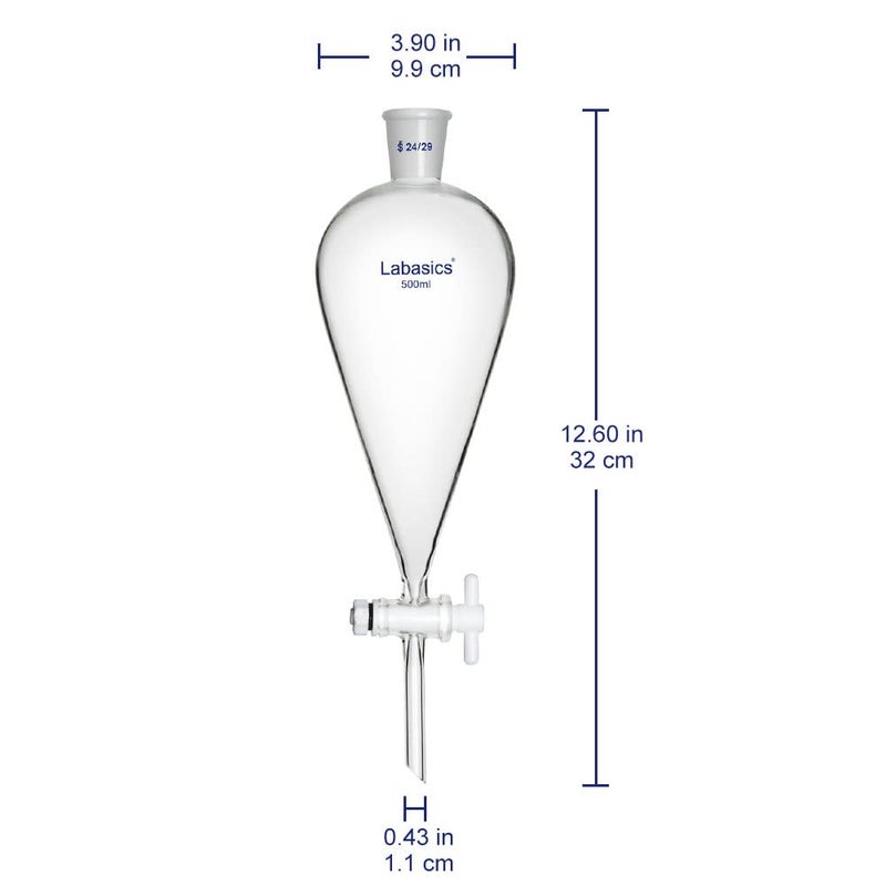 Labasics Conical Separatory Funnel, 500 ml Heavy Wall Borosilicate Glass Separating Funnel with 24/29 Joints and PTFE Stopcock - Image 2